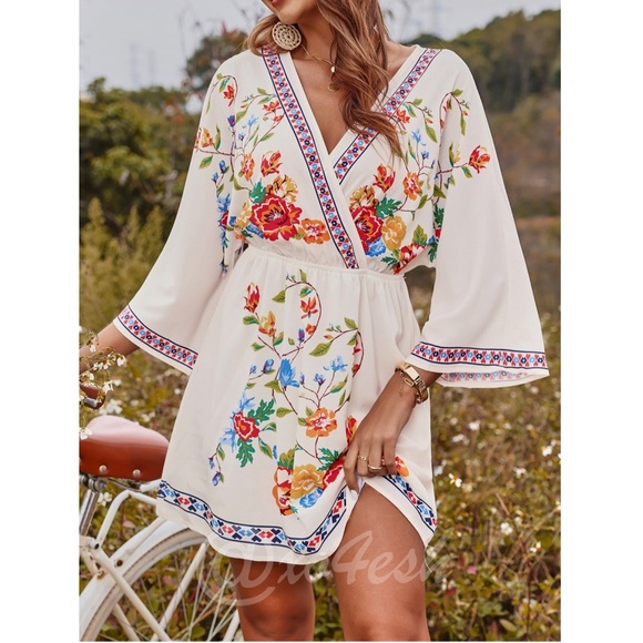 Rouge! Dresses & Skirts - Cream Floral Print Bell Sleeve Folk Dress Short V-Neck